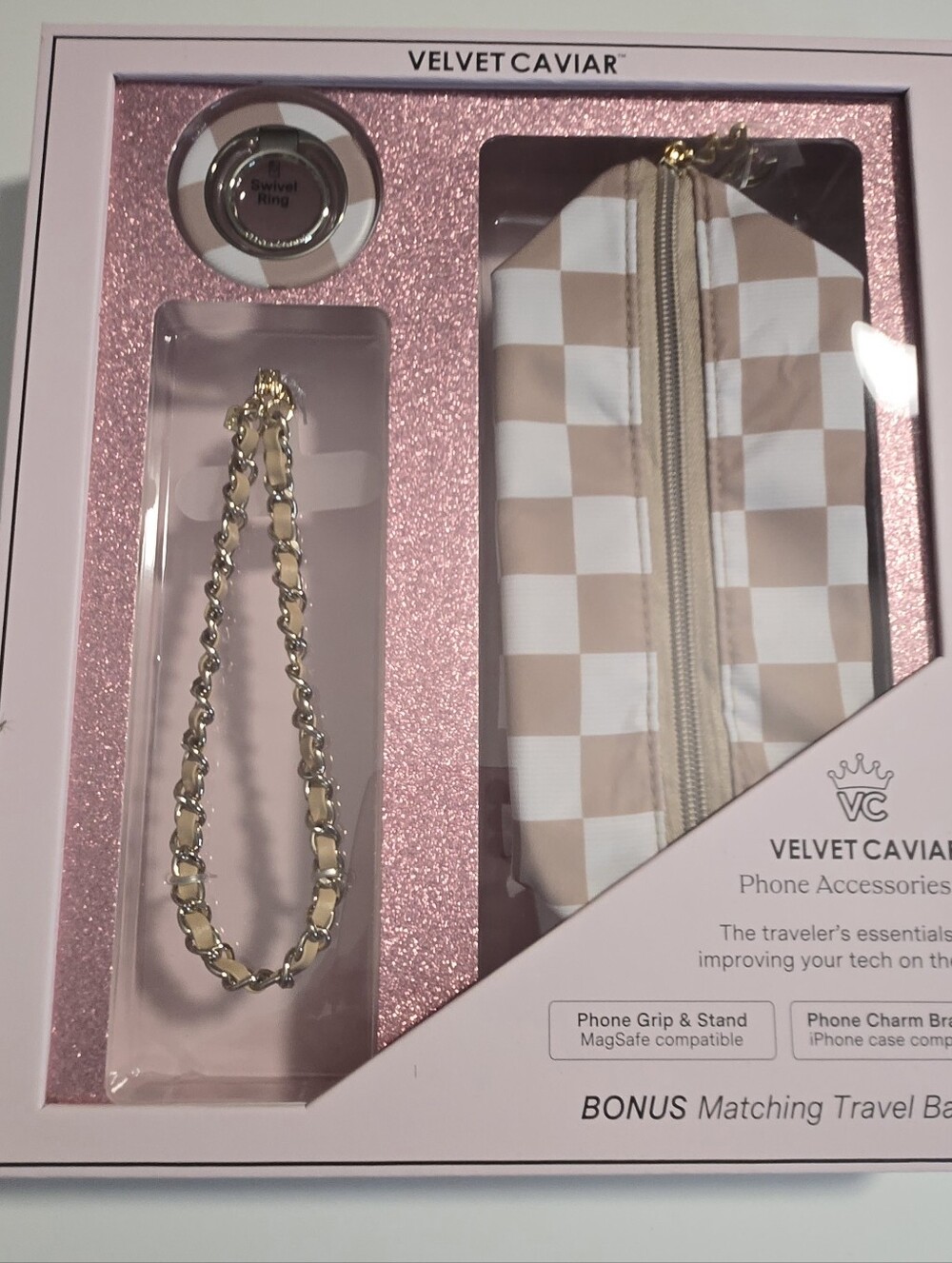 Velvet Caviar Phone Accessories Set with Pink Check Travel Bag